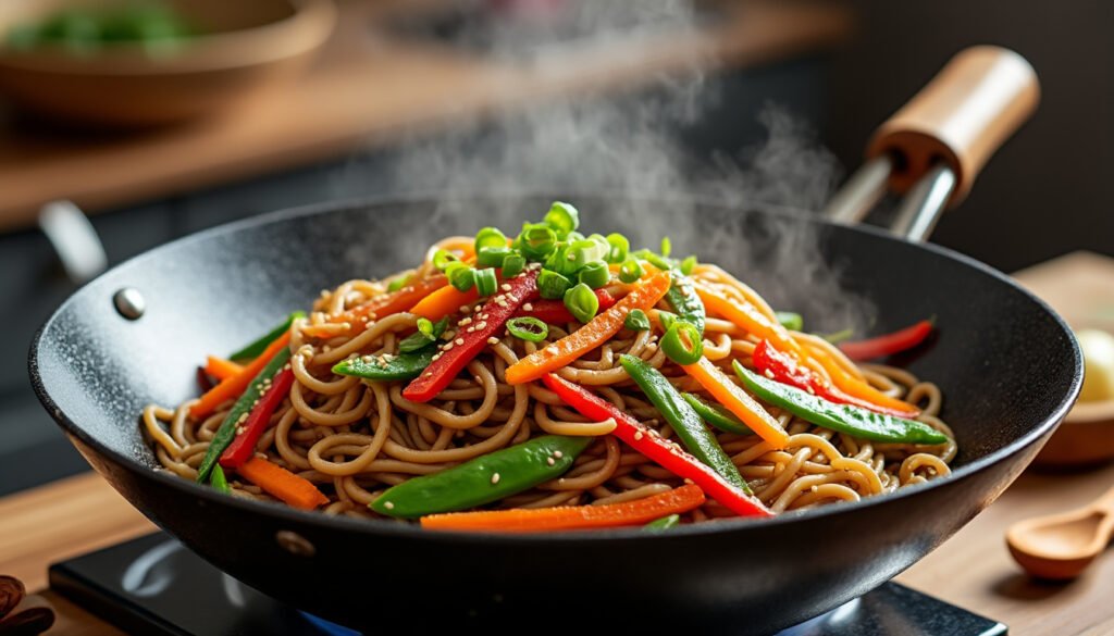 savourez un délicieux wok de nouilles soba accompagné de légumes croquants, alliant harmonieusement saveurs asiatiques et textures croustillantes. une recette saine et rapide à préparer, idéale pour un repas équilibré et gourmand!
