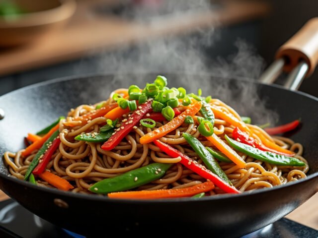 Wok de nouilles soba et légumes croquants