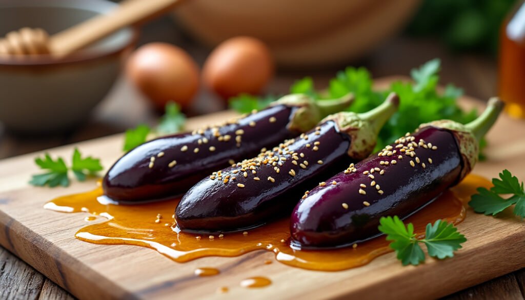 découvrez une délicieuse recette d'aubergines rôties au miel et sésame, alliant la douceur du miel à la texture croquante des graines de sésame. parfait pour accompagner vos plats ou en entrée ! savourez ce plat savoureux et original.