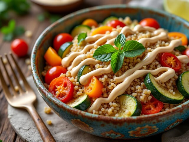 Bowl de quinoa, légumes rôtis et sauce tahini