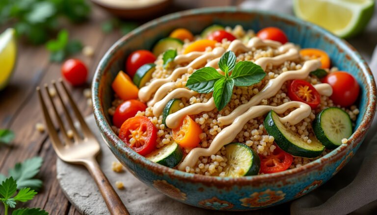 découvrez notre savoureux bowl de quinoa, garni de légumes rôtis croustillants et nappé d'une délicieuse sauce tahini. un plat sain et réconfortant, parfait pour un repas équilibré et plein de saveurs!