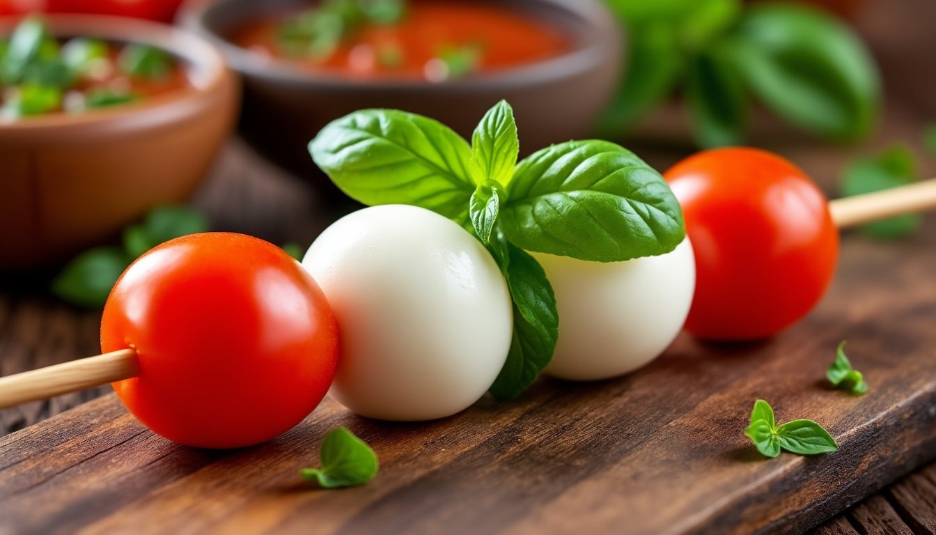 découvrez une recette savoureuse de brochettes de mozzarella, tomates cerises et basilic. parfaites pour apéritif ou entrée, ces brochettes fraßches allient le crémeux de la mozzarella à la douceur des tomates et au parfum du basilic pour un maximum de plaisir gustatif.