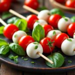 Brochettes de mozzarella, tomates cerises et basilic