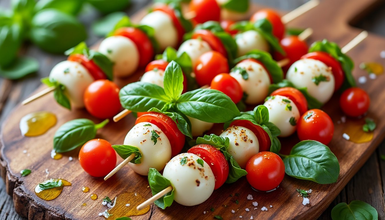 savourez des brochettes de mozzarella alliant la fraßcheur des tomates cerises et l'arÎme du basilic. parfaites pour un apéritif léger et gourmand, ces brochettes colorées ajouteront une touche méditerranéenne à vos repas.