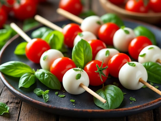 Brochettes de mozzarella, tomates cerises et basilic