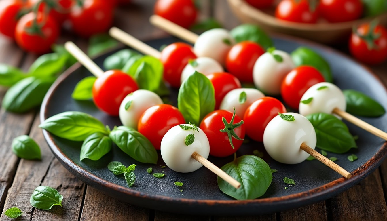 savourez des brochettes rafraîchissantes de mozzarella, tomates cerises juteuses et basilic parfumé. idéales en apéritif, ces délicieuses brochettes ajouteront une touche italienne à vos repas d'été. faciles à préparer, elles raviront vos invités avec leur goût frais et coloré.