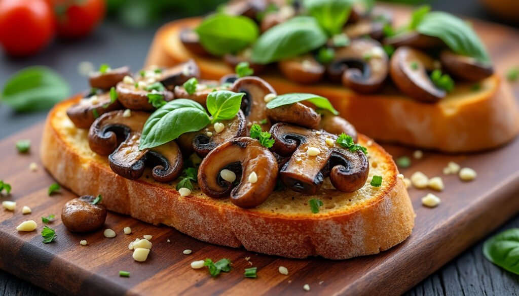 découvrez notre délicieuse recette de bruschetta aux champignons et à l'ail, une entrée savoureuse alliant croustillant et fondant. servez ces petites bouchées gourmandes lors de vos apéritifs ou dîners. facile à préparer, elles raviront vos convives !
