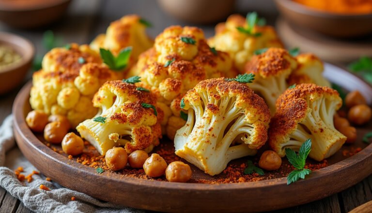 découvrez une délicieuse recette de chou-fleur rôti aux épices, accompagné de pois chiches croquants. parfait pour un repas savoureux et sain, ce plat végétarien allie des saveurs riches et une texture irrésistible.