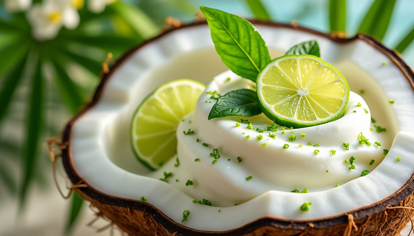 découvrez l'alliance parfaite de la douceur de la crème de coco et de la fraîcheur des zestes de citron vert. une recette exquise qui éveillera vos papilles et apportera une touche tropicale à vos plats. idéale pour les desserts, elle saura séduire tous les gourmands.