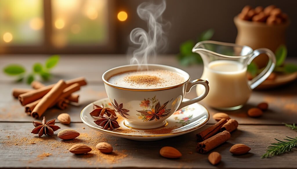 découvrez les bienfaits du thé aux épices et lait d’amande, une boisson réconfortante qui allie les saveurs exotiques des épices à la douceur crémeuse du lait d’amande. idéal pour booster votre bien-être et régaler vos papilles!