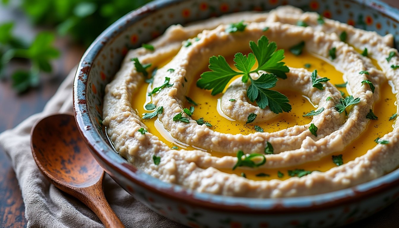 découvrez notre savoureux dip d'aubergines au sésame, une délicieuse recette végétale parfaite pour vos apéritifs. sa texture crémeuse et son goût riche vous raviront à chaque bouchée. facile à préparer, ce plat plein de saveurs est idéal pour partager entre amis ou en famille.