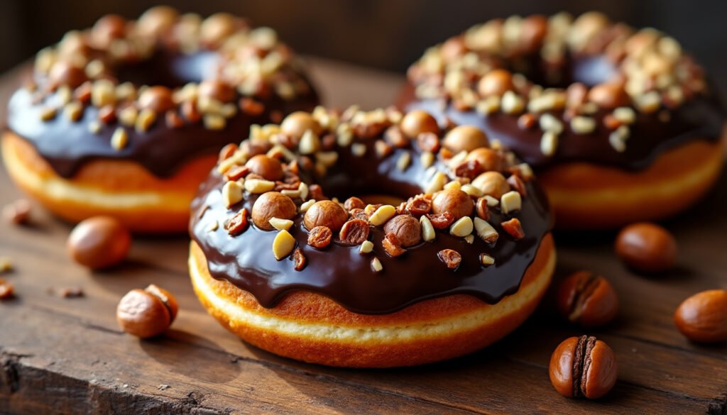 découvrez la recette irrésistible des donuts au chocolat, parsemés de noisettes grillées croquantes. une gourmandise parfaite pour les amateurs de douceurs sucrées et de textures variées. faites de chaque bouchée un moment savoureux !