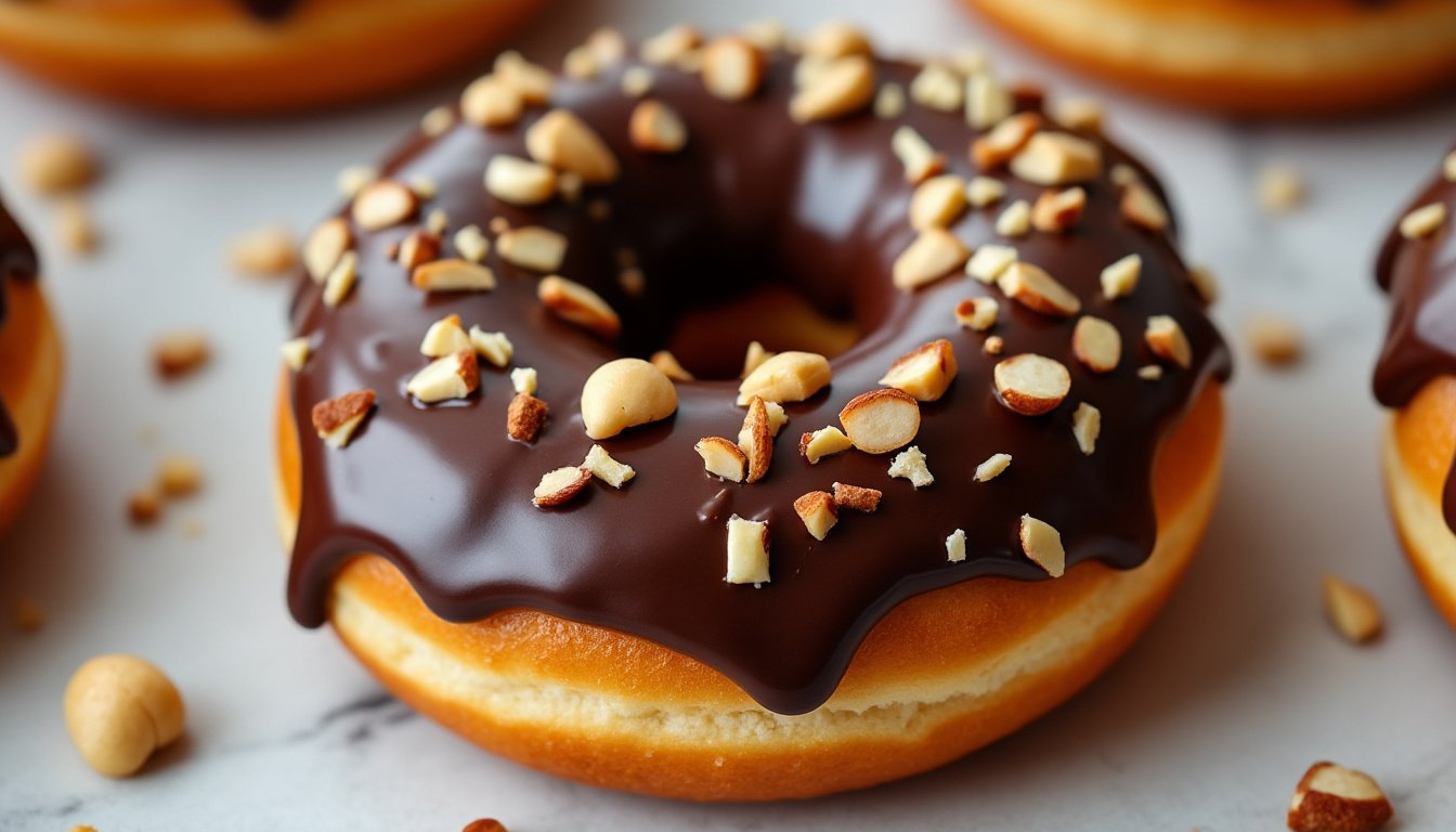 découvrez nos délicieux donuts au chocolat, garnis de noisettes grillées pour un croquant irrésistible. parfaits pour une pause gourmande ou un dessert savoureux, ces douceurs sucrées allient la richesse du chocolat à la saveur toastée des noisettes. un régal à ne pas manquer !
