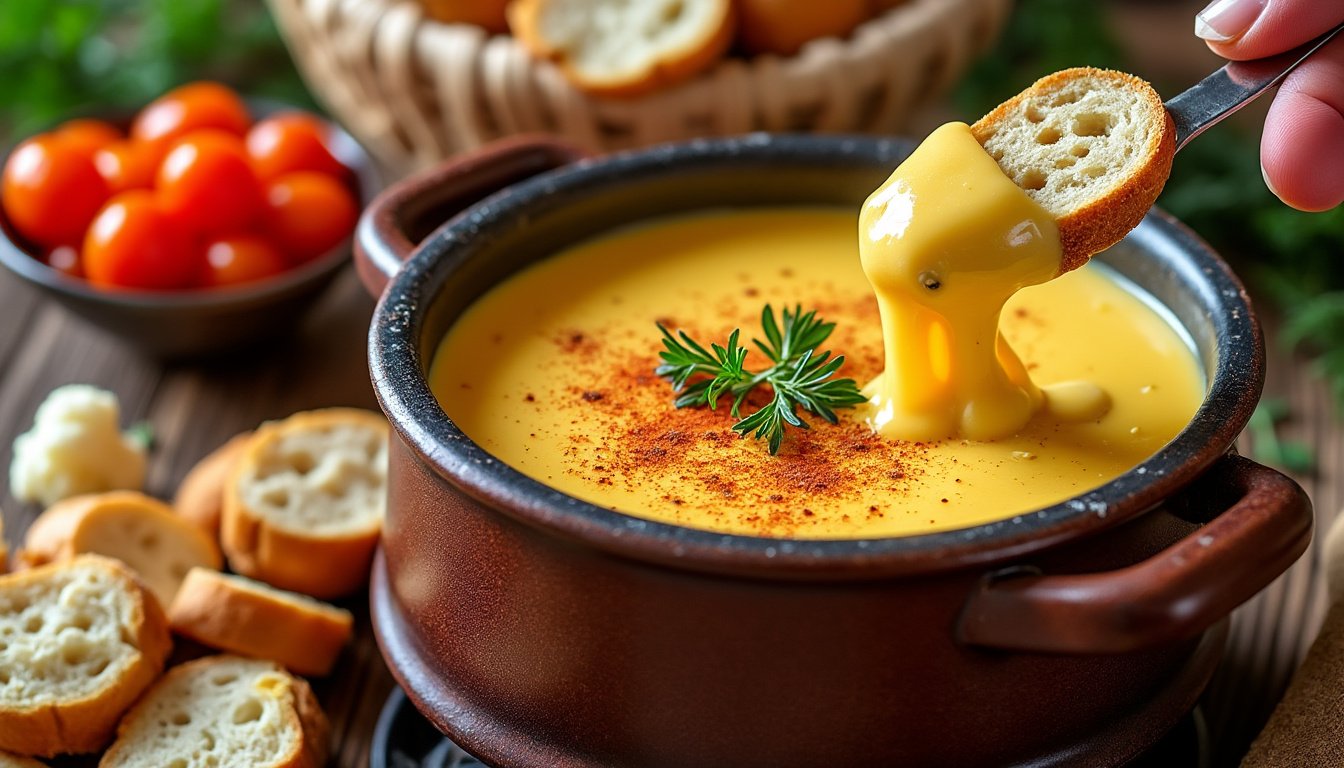 découvrez notre délicieuse fondue de fromage végétarienne, parfaite pour les amateurs de fromage et de plats sains. accompagnée de pain complet croustillant, cette recette gourmande séduira vos invités tout en étant simple à préparer. idéale pour vos soirées conviviales, ce plat réconfortant allie saveurs riches et ingrédients naturels.