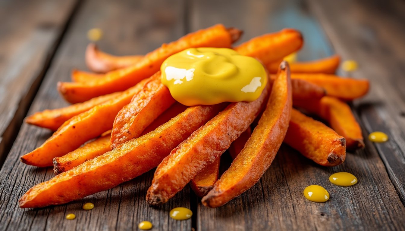 savourez des frites de patate douce croustillantes accompagnées d'une délicieuse sauce moutarde. une recette gourmande et originale pour éveiller vos papilles à chaque bouchée.