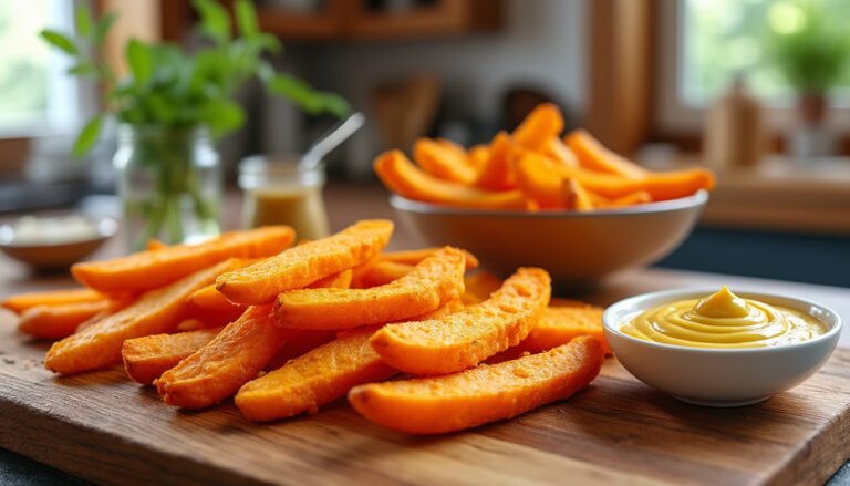 découvrez notre délicieuse recette de frites de patate douce croustillantes accompagnées d'une savoureuse sauce moutarde. parfaites pour un apéritif ou un accompagnement, ces frites pleines de saveurs allient douceur et piquant pour une expérience gustative inoubliable.