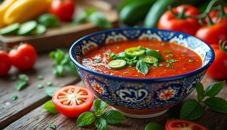 découvrez notre recette rapide de gazpacho andalou, une soupe froide rafraîchissante à base de tomates, concombre et poivron. idéale pour les chaudes journées d'été, ce plat facile à préparer vous plongera directement en espagne !