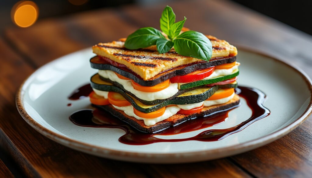 découvrez notre délicieux mille-feuille de légumes grillés et ricotta, une harmonie parfaite de saveurs méditerranéennes. ce plat coloré et savoureux ravira vos papilles avec ses couches de légumes frais et crémeuse ricotta, idéal pour une entrée ou un repas léger.
