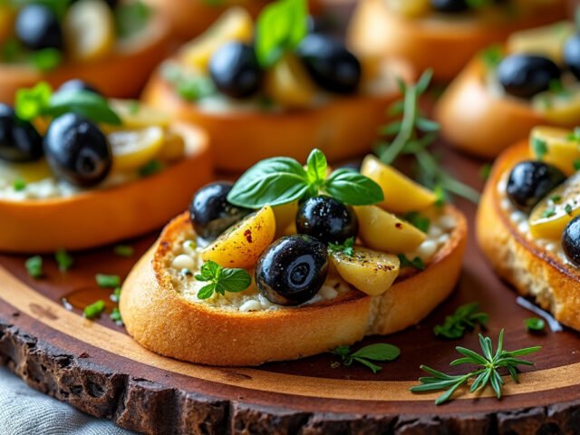 Mini bruschettas aux olives et ail confit