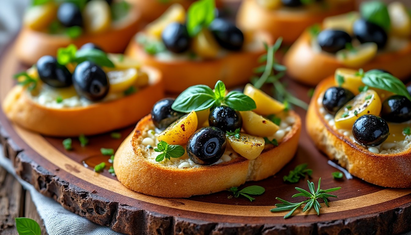 découvrez un délice méditerranéen avec nos mini bruschettas aux olives et ail confit. parfaites pour vos apéritifs, elles allient le croquant du pain et la richesse des saveurs pour un moment de convivialité.