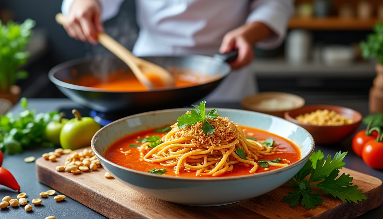 découvrez notre délicieuse recette de nouilles de riz sautées au curry rouge, un plat savoureux alliant la douceur des nouilles et l'arôme épicé du curry. parfait pour un repas rapide et exotique!