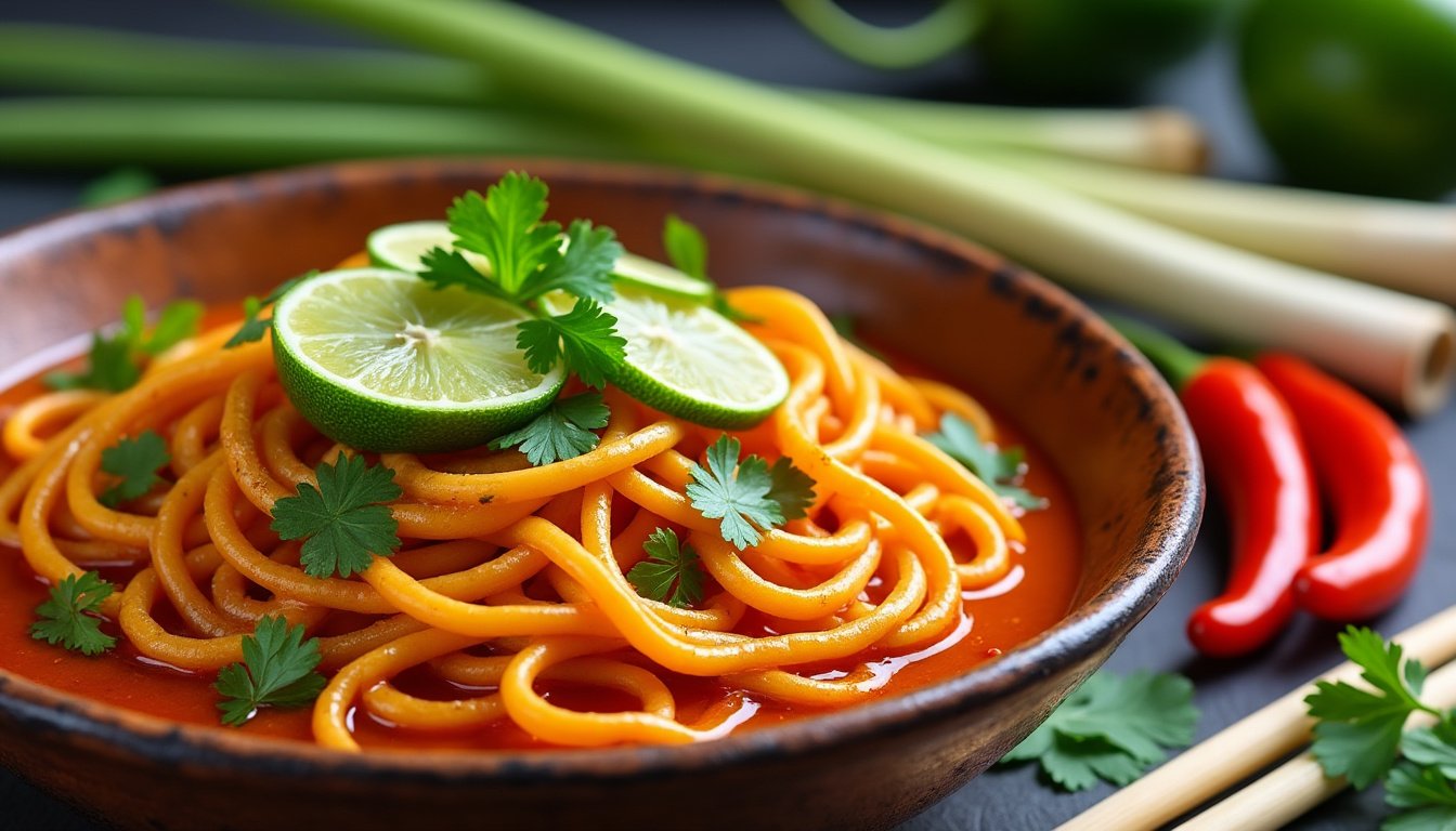 découvrez une délicieuse recette de nouilles de riz sautées au curry rouge, alliant saveurs exotiques et textures irrésistibles. parfait pour un repas rapide et savoureux, ce plat coloré saura ravir vos papilles avec un mélange aromatique de légumes frais et d'épices éclatantes.