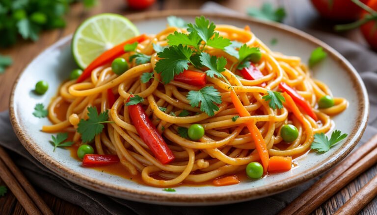 savourez des nouilles de riz délicatement sautées au curry rouge, une combinaison exquise de textures et de saveurs. ce plat irrésistible allie le piquant du curry à la douceur des légumes frais, pour une expérience culinaire inoubliable.
