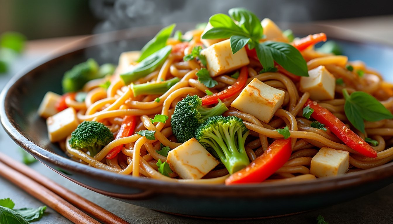 savourez un délicieux pad see ew aux légumes et tofu, un plat thaïlandais emblématique alliant nouilles sautées, légumes croquants et tofu onctueux, le tout rehaussé d'une sauce savoureuse. idéal pour une alimentation saine et gourmande !
