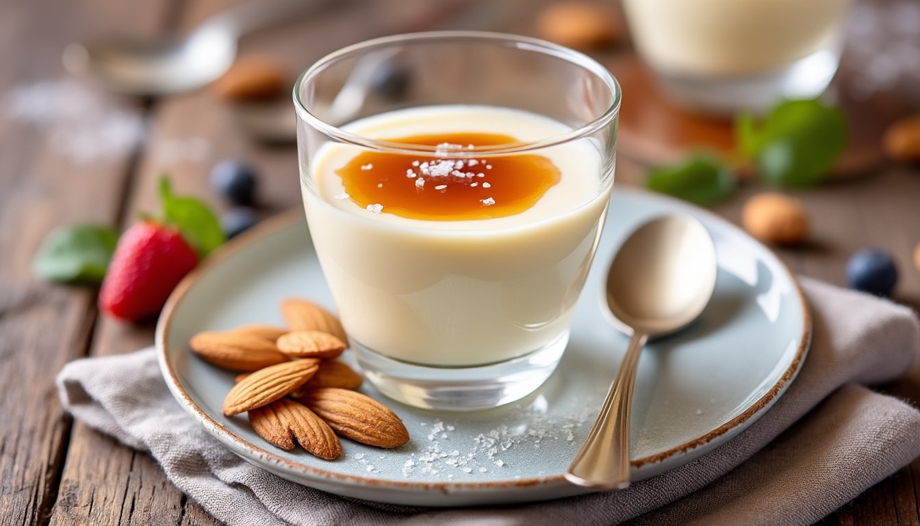 découvrez notre délicieuse panna cotta au caramel, sublimée par des amandes effilées croquantes. un dessert onctueux et gourmand qui ravira vos papilles à chaque cuillère.