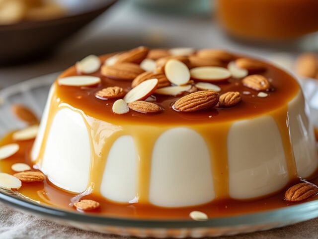 Panna cotta au caramel et amandes effilées