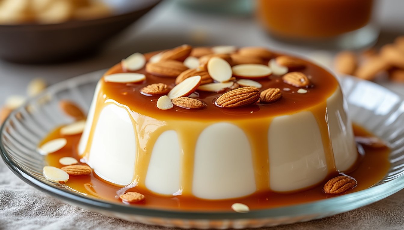 savourez une délicieuse panna cotta au caramel onctueux, sublimée par des amandes effilées croquantes. ce dessert raffiné et crémeux sera le point d'orgue de vos repas, alliant douceur et texture pour un plaisir irrésistible.