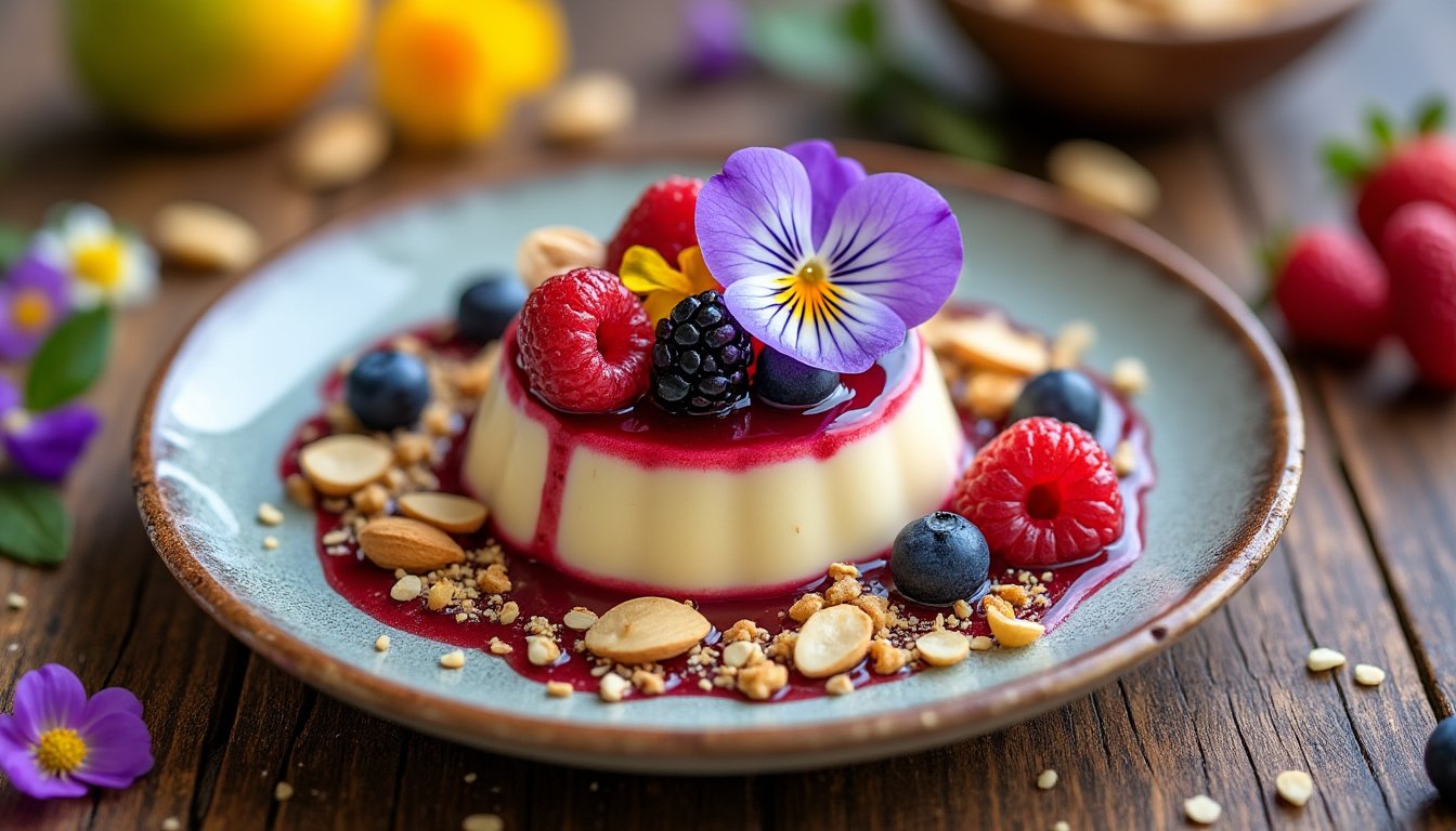 savourez une délicieuse panna cotta au chocolat onctueuse, agrémentée d'éclats de noisettes croquantes. un dessert gourmand qui ravira les amateurs de chocolat et de textures variées, parfait pour une occasion spéciale ou une douceur quotidienne.