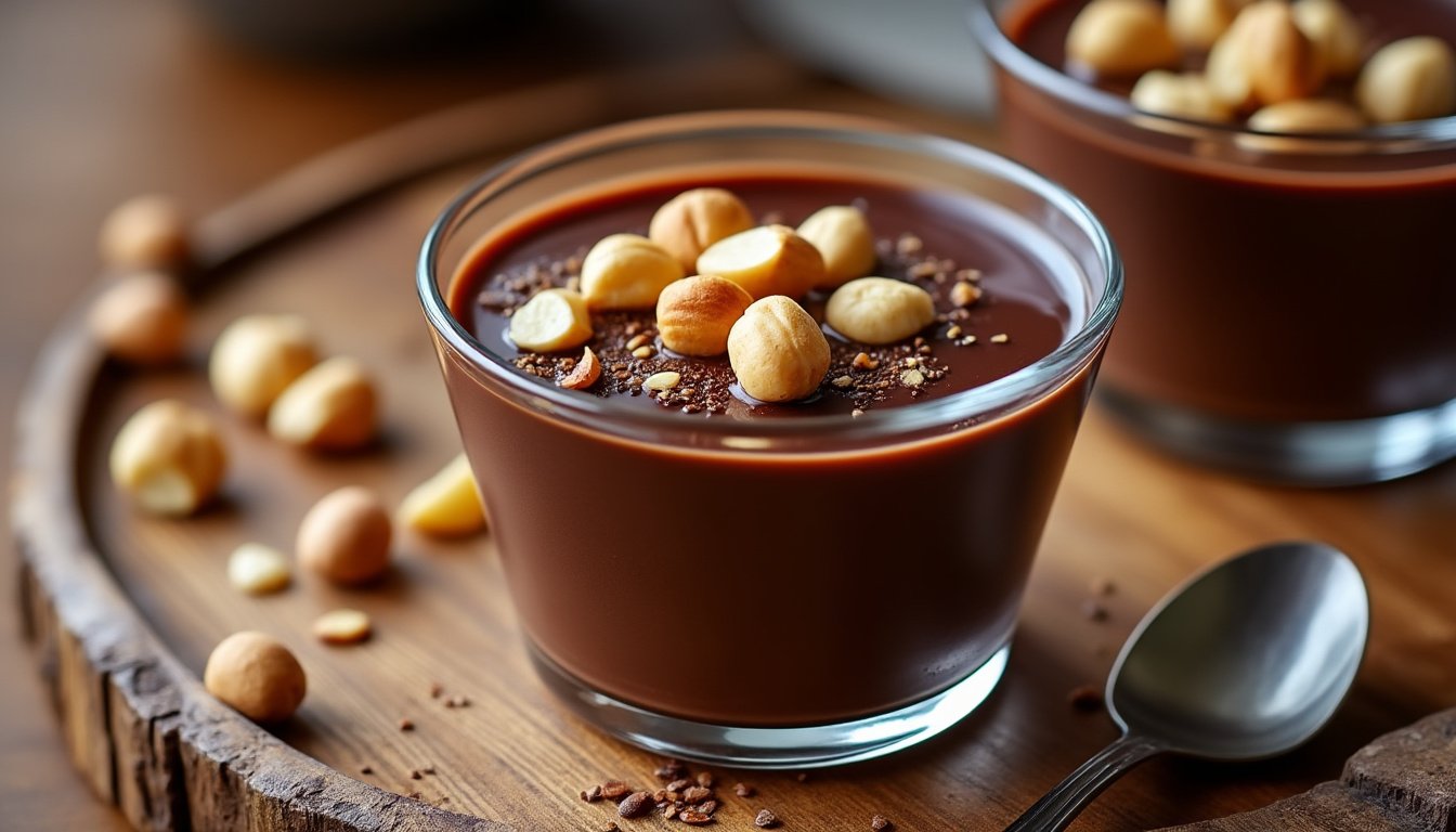 découvrez notre délicieuse panna cotta au chocolat, un dessert crémeux et onctueux, agrémenté d'éclats de noisettes croquants. un mariage parfait de douceur et de texture pour ravir vos papilles.