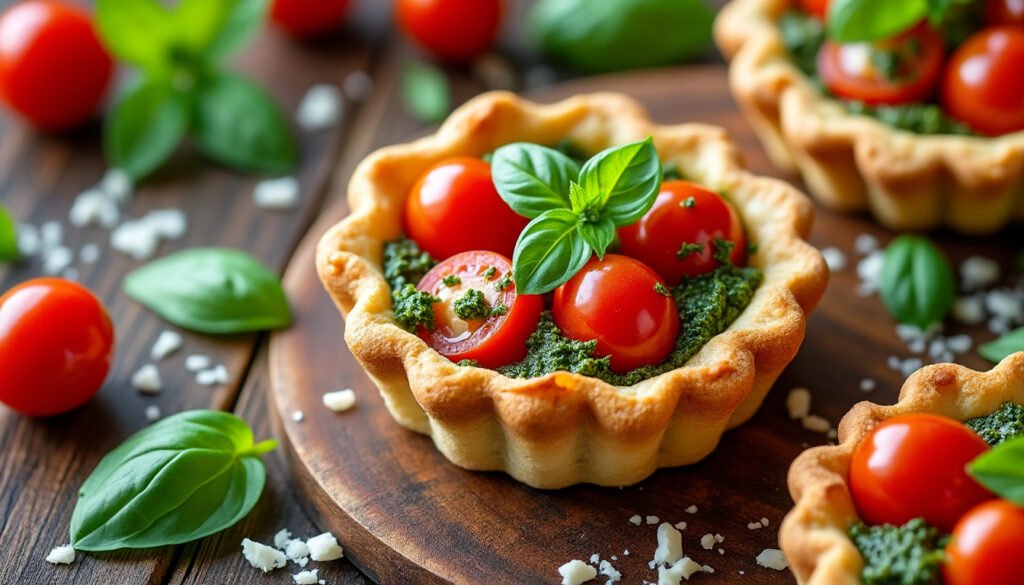 découvrez la recette irrésistible des petites tartelettes aux tomates cerises et pesto, parfaites pour un apéritif estival ou un repas léger. ces bouchées savoureuses allient la douceur des tomates cerises à la fraîcheur du pesto dans une pâte croustillante. idéales pour impressionner vos invités !
