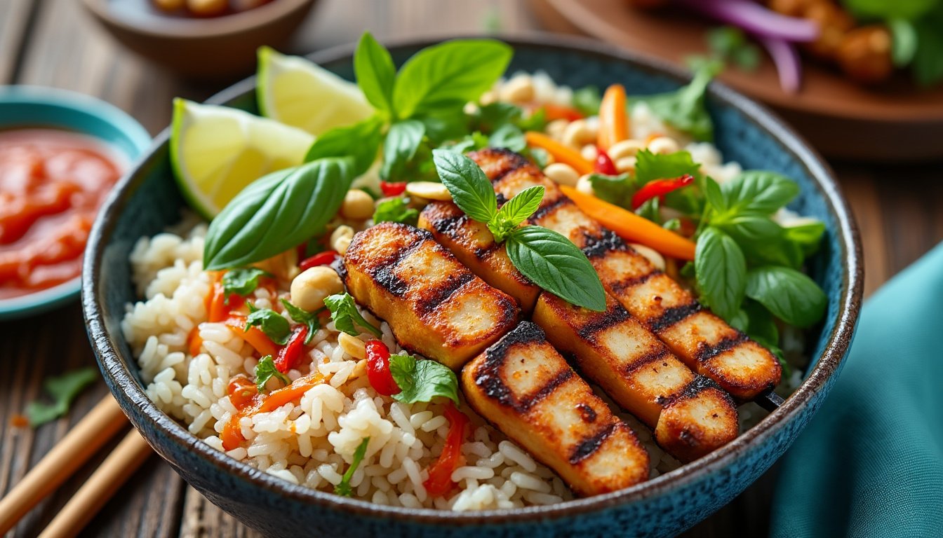 découvrez notre savoureux riz thaï au basilic et tofu, un plat végétarien savoureux et parfumé qui allie le goût unique du basilic frais et la richesse du tofu. une recette légère et saine, parfaite pour un repas équilibré.