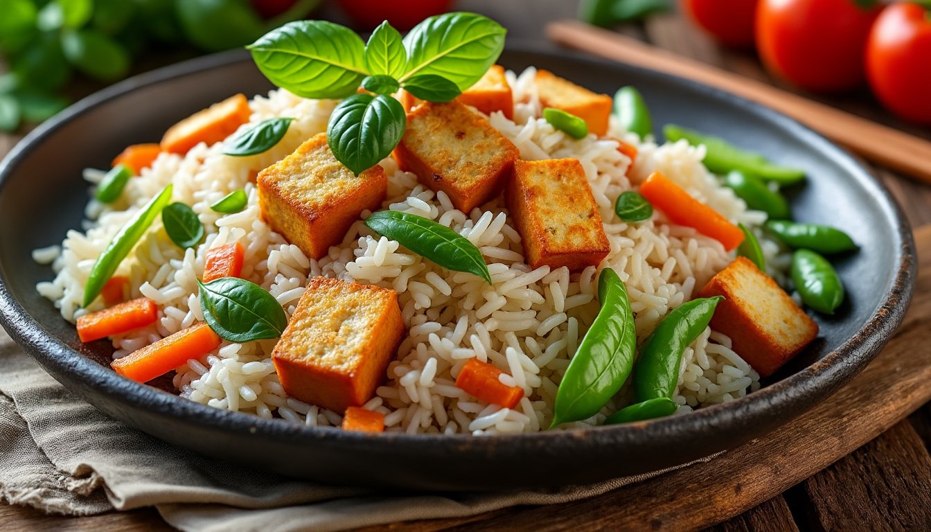 découvrez notre délicieuse recette de riz thaï au basilic et tofu, un plat savoureux et sain alliant les arômes exotiques du basilic frais à la texture fondante du tofu. parfait pour un repas végétarien empreint de saveurs!