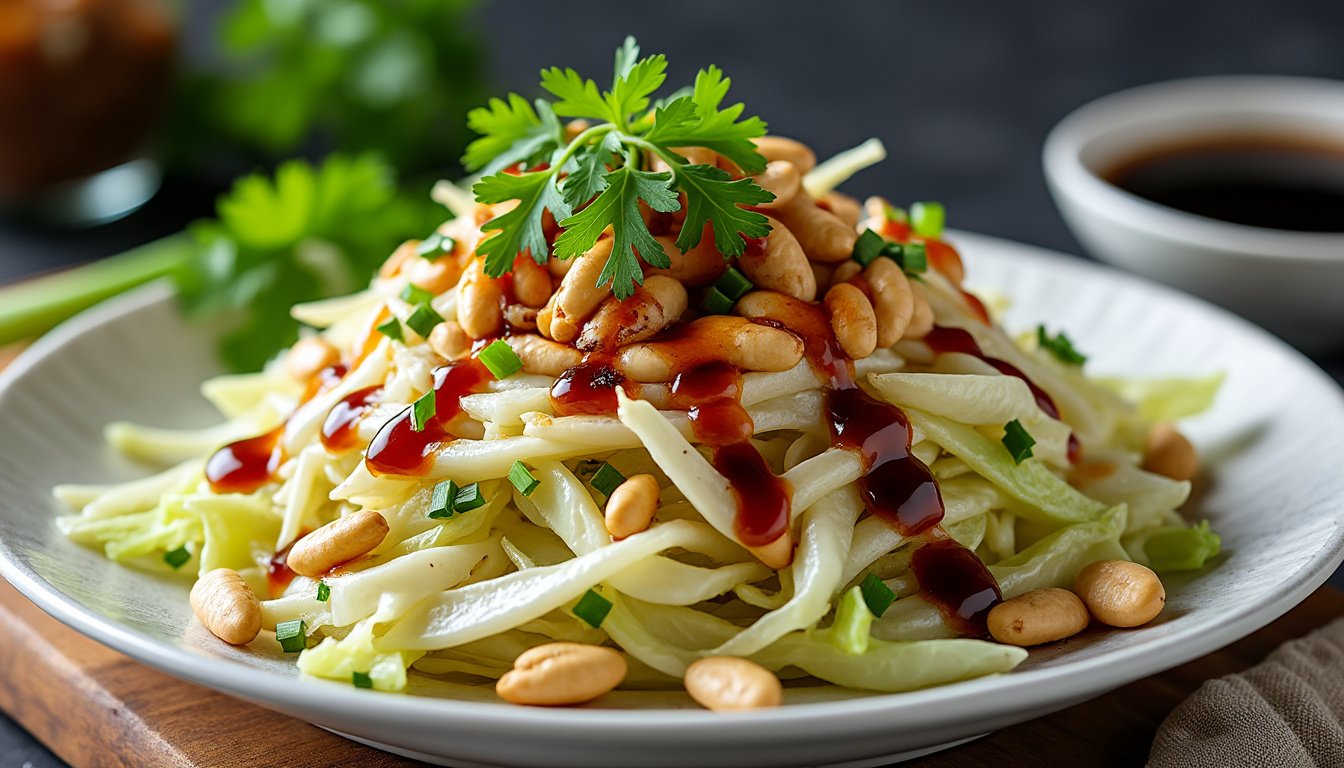 découvrez une délicieuse salade de chou blanc croquante, agrémentée d'une sauce soja savoureuse et de cacahuètes croustillantes. parfaite comme entrée légère ou accompagnement, cette recette allie fraîcheur et gourmandise pour un moment de plaisir culinaire.