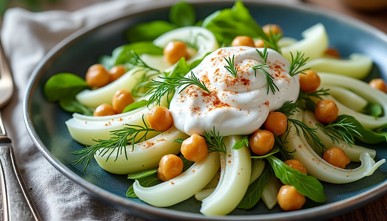découvrez une recette fraîche et savoureuse de salade de fenouil mariné associée à des pois chiches croquants et un onctueux yaourt grec. parfaite pour un déjeuner léger ou un apéritif original, cette salade allie des saveurs uniques et des ingrédients sains.