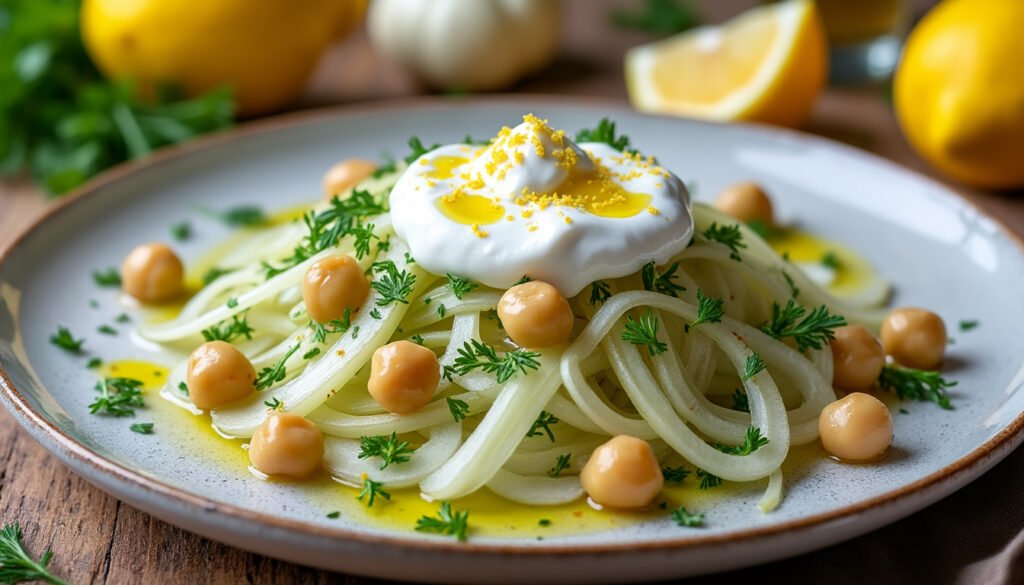 découvrez notre délicieuse salade de fenouil mariné, associée à des pois chiches croquants et un onctueux yaourt grec. une recette pleine de fraîcheur et de saveurs, idéale pour un repas léger et nutritif.