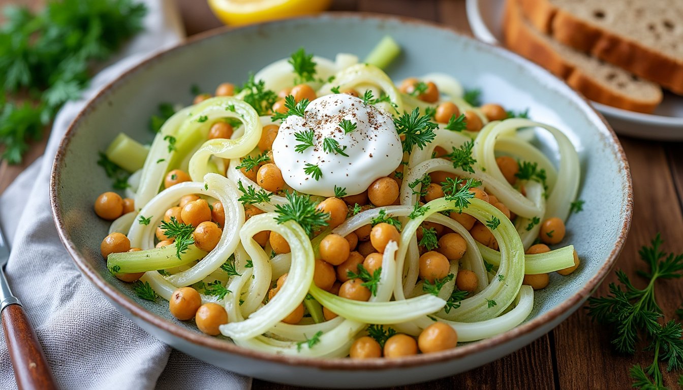 découvrez notre délicieuse recette de salade de fenouil mariné, pois chiches et yaourt grec. un mélange frais et savoureux, parfait pour un repas léger et nutritif. idéal pour les amateurs de cuisine méditerranéenne.
