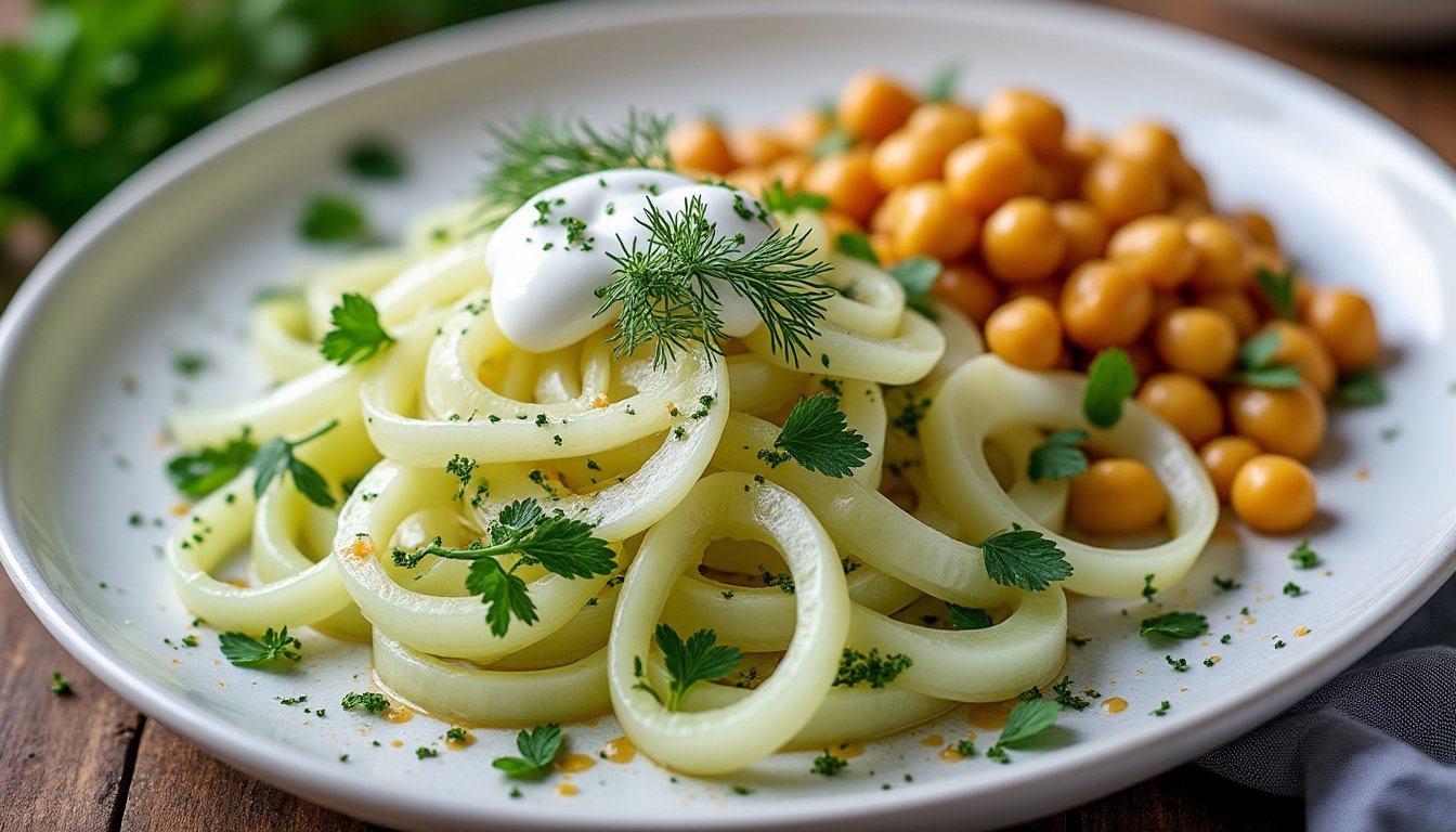 découvrez une délicieuse salade de fenouil mariné agrémentée de pois chiches croquants et d'un crémeux yaourt grec. une recette fraîche et saine, parfaite pour vos repas d'été ou en accompagnement. idéale pour les amateurs de cuisine méditerranéenne!