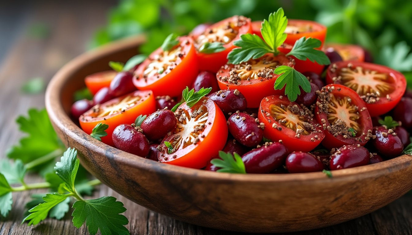découvrez une délicieuse recette de salade de haricots rouges, tomates et cumin, idéale pour une entrée fraîche et savoureuse. cette préparation colorée allie le croquant des légumes aux arômes épicés du cumin, parfait pour apporter du goût à vos repas légers.