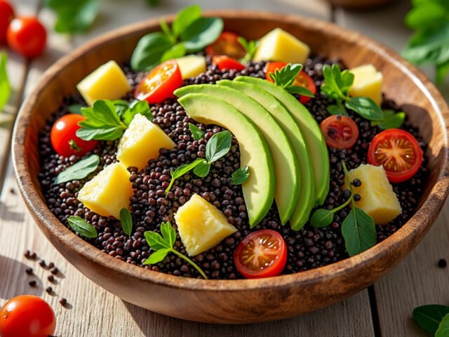 Salade de quinoa noir, avocat et ananas