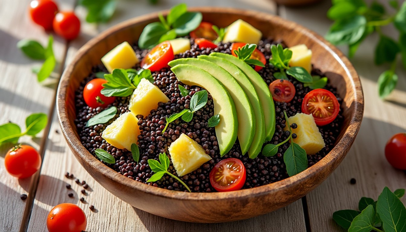 découvrez notre délicieuse salade de quinoa noir, alliant la douceur de l'avocat et le jus sucré de l'ananas. un plat frais et sain, parfait pour vos repas d'été ou comme accompagnement coloré pour vos barbecues. savourez cette recette équilibrée et pleine de saveurs exotiques !