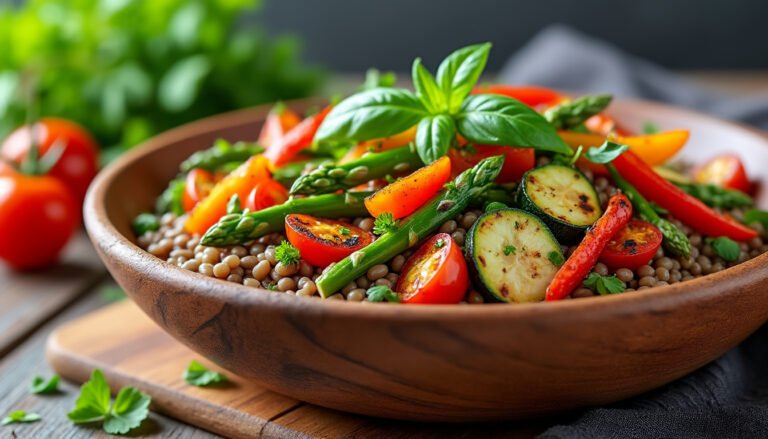 découvrez notre savoureuse salade tiède de lentilles et légumes grillés, un plat sain et équilibré. idéale pour un déjeuner léger ou un dîner réconfortant, elle réunit des lentilles riches en protéines et des légumes colorés grillés pour une explosion de saveurs.