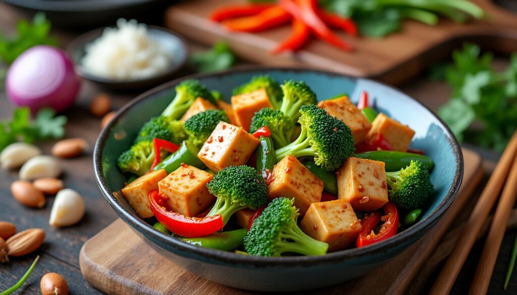 découvrez notre délicieuse recette de sauté de brocolis et tofu enrobés d'une onctueuse sauce cacahuète. un plat végétalien savoureux et nutritif, parfait pour un repas équilibré et réconfortant. idéal pour les amateurs de cuisine saine et facile à préparer !