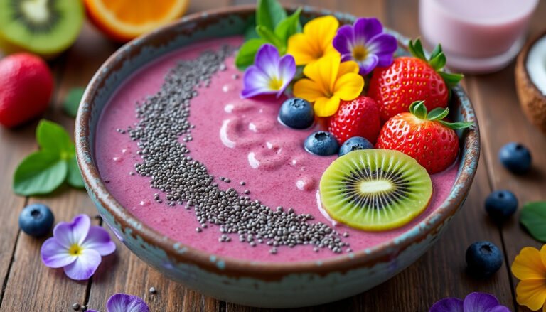 découvrez notre délicieux smoothie bowl aux fruits frais et graines de chia. une recette saine et vitaminée, parfaite pour un petit-déjeuner énergétique ou une collation nourrissante, alliant saveurs fruitées et bienfaits nutritifs.