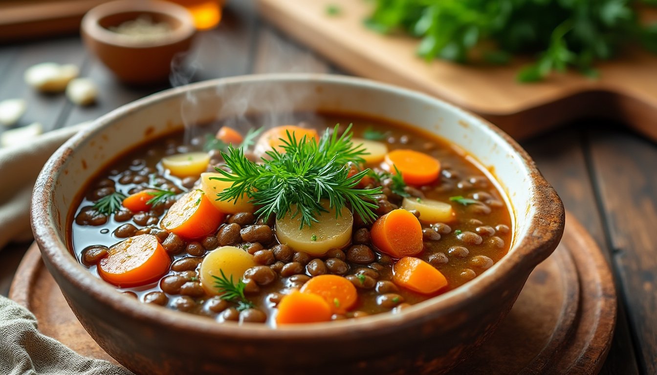 découvrez notre délicieuse soupe de lentilles et légumes racines, un régal réconfortant et nutritif. parfaite pour les journées fraîches, cette recette allie saveurs authentiques et bienfaits des légumes, idéale pour un repas sain et savoureux.