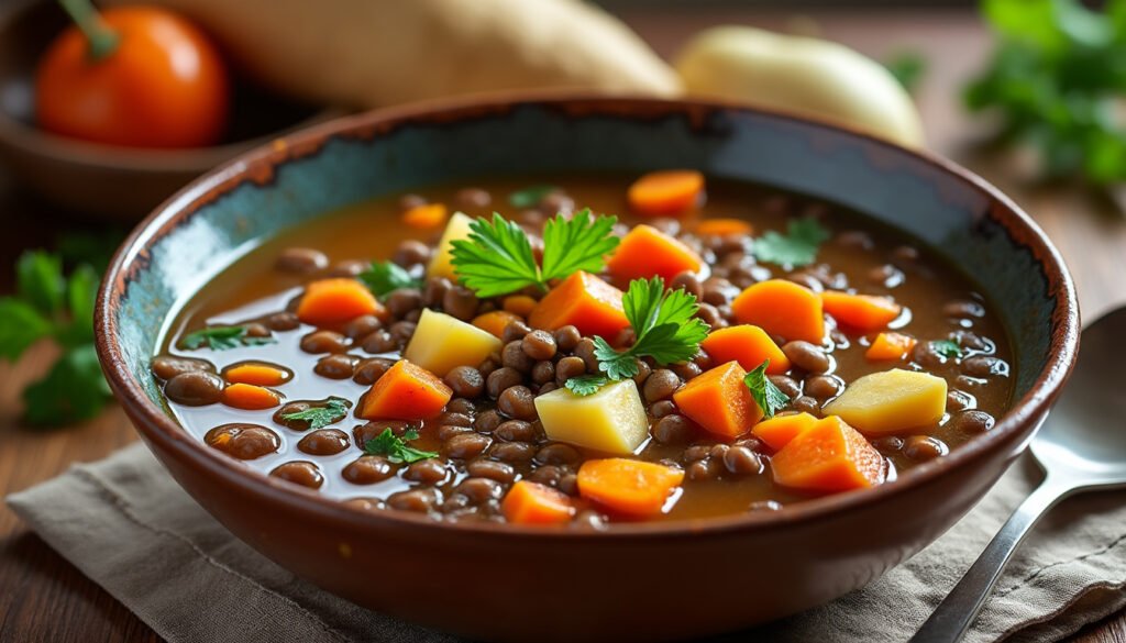 découvrez notre délicieuse soupe de lentilles et légumes racines, un plat réconfortant et nutritif qui allie saveurs riches et bienfaits santé. parfaite pour réchauffer vos soirées d'hiver, cette recette facile à réaliser met en avant des légumes de saison et des lentilles protéinées pour un repas savoureux et équilibré.