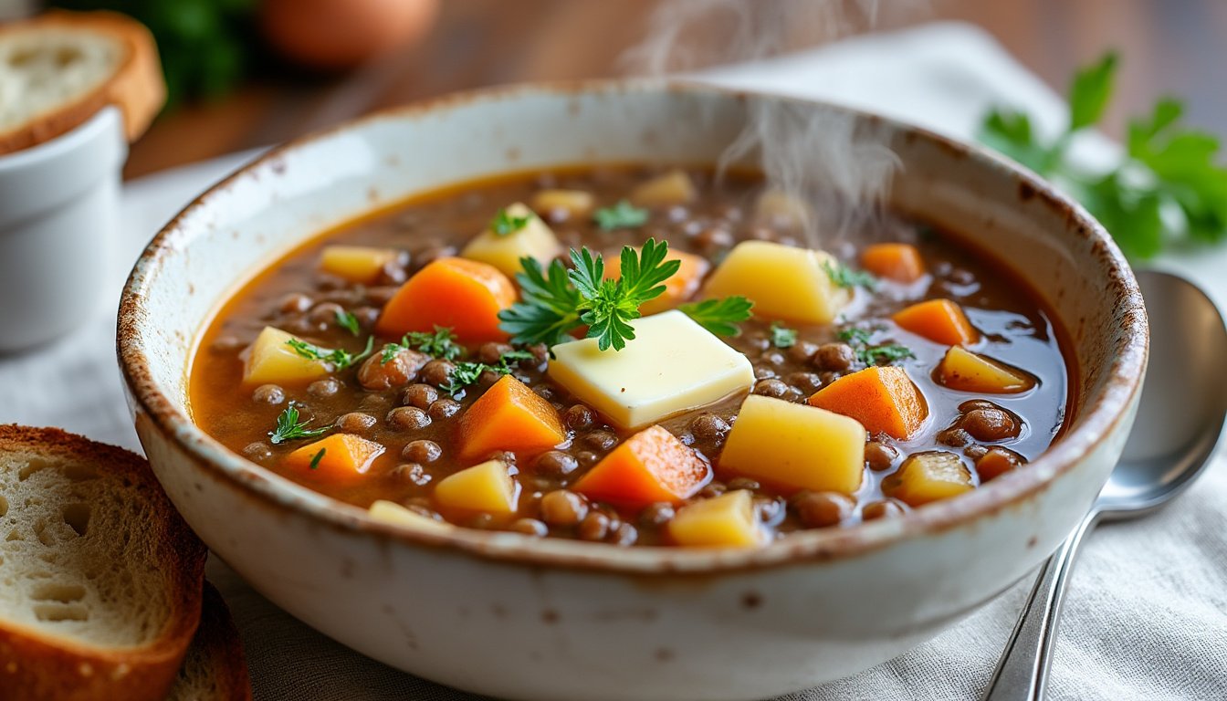 découvrez notre délicieuse soupe de lentilles et légumes racines, un plat réconfortant et nutritif, parfait pour réchauffer vos journées. savourez l'alliance de lentilles tendres et de légumes frais, cuisinée avec des épices aromatiques.